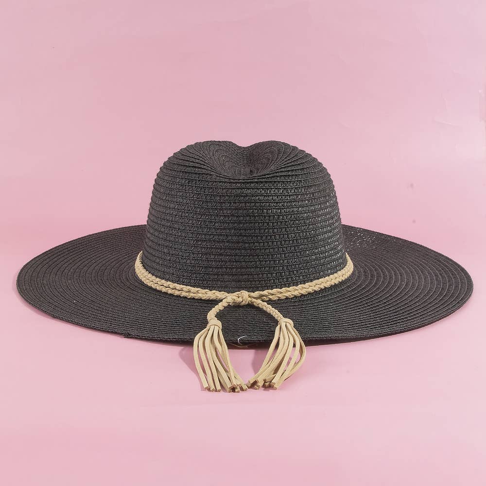 Black Wide Brim Straw Fedora Hat With Rope Band