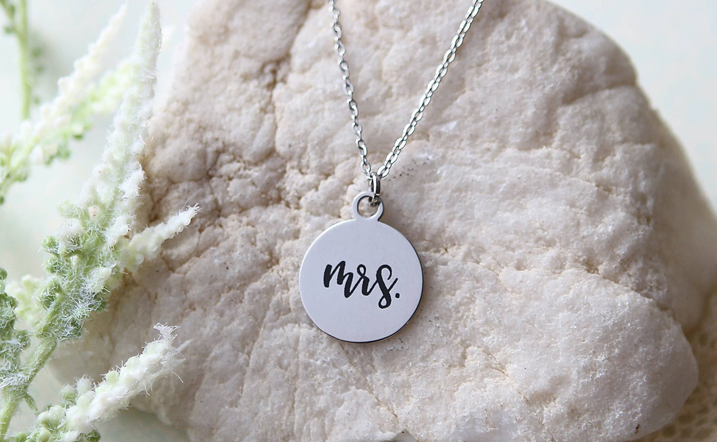 Mrs. Round Engraved Bridal Wedding Necklace