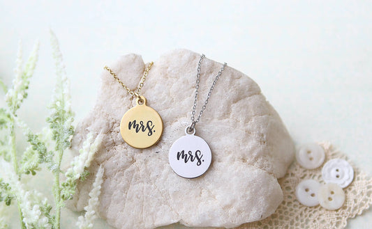 Mrs. Round Engraved Bridal Wedding Necklace